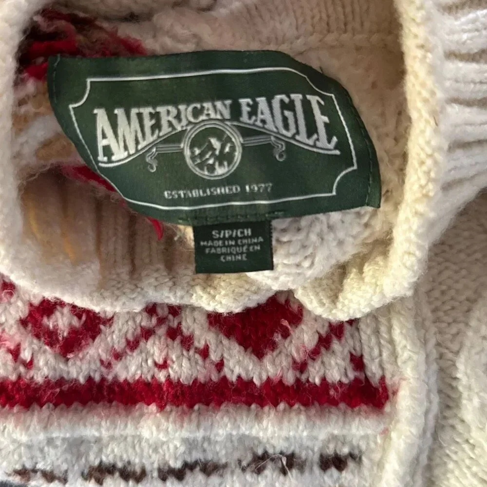 American Eagle fair isle cable knit sweater womens size small snowflake mock nec